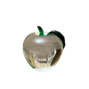 Vintage Hand Blown Art Glass Apple Paperweight Clear Crystal Green Leaf Fruit